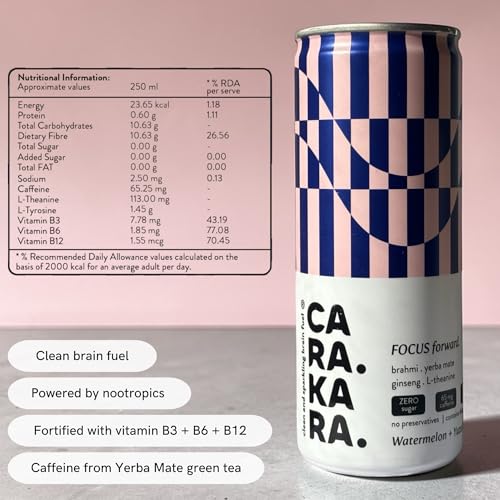 Image of Carakara Focus Forward | Yerba Mate Natural Caffeine + L-Theanine Drink | Focus, Energy & Mental Clarity | Zero Sugar | Watermelon + Yuzu Lemon | 250ml x 6