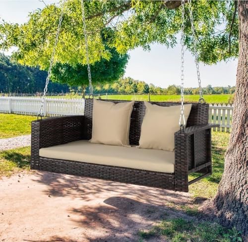 Image of India Hanging Swing Seater Patio Wicker Swings Outdoor Solid Chain Comfortable Back Front Porch for Garden Balcony (Brown +Cream Cushion with Cream Pillow, 2 Seater)