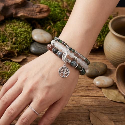 Image of YGLINE Tree of Life Yoga Healing Stone Bracelets,Multilayer Lotus Chakra Stone Reiki Bracelet Sets,Anxiety Crystal Natural Stone,for Women Stress Relief