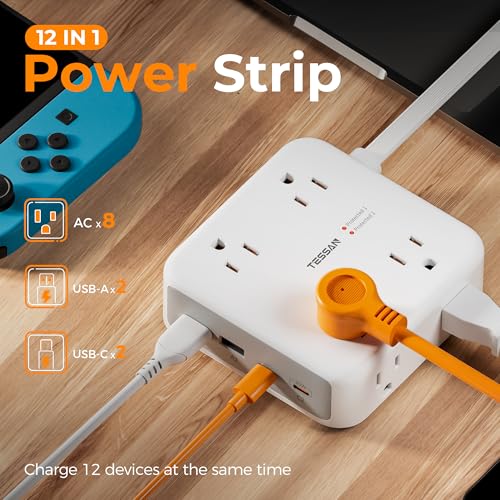 5ft Flat Plug Extension Cord Indoor, TESSAN Surge Protector Power Bar with 4 USB (2 USB C), Power Strip with 8 Multi Plug Outlets, Charging Station Wall Mount for Dorm Room Home Of image 6