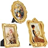 Qunclay 3 Pcs Vintage Resin Picture Frame 4 x 6,5 x 7 Inches Ornate Picture Frames Oval Rectangle Baroque Antique for Wall Hanging Home Wedding