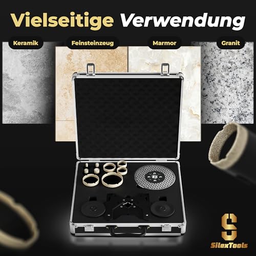 SilexTools Profi Diamant Fliesenbohrer Set - 11teilig [6|8|10|14|25|30|40|50|68mm] mit Bohrkronen, Schleifscheibe und Positionierhilfe, Diamantbohrer für Fliesen Granit Naturstein Feinsteinzeug