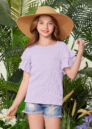 Image of Girls Summer Crewneck Tee Shirts Double Ruffle Short Sleeve Stretch Textured Fabric Casual Blouse 5-14 Years