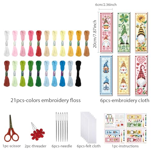 Image of FREEBLOSS 6 Set Cross Stitch Bookmark Kit St. Patrick Gnome Pattern Stamped Cross Stitch Kit 11CT Christmas Embroidery Kits with Instructions for Beginners Adult 20x6cm /8x2.4inch