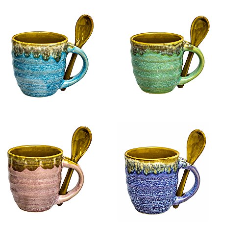 Mugs - Espresso Cups Set of 4 - Handmade Ceramic 5 Ounce Coffee Mugs Set wEspresso Spoons - Tea Cup Coffee Cups Hot