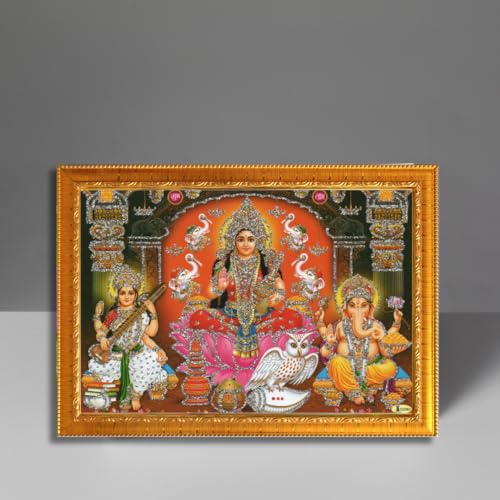 Image of CRAFT QUEST Lakshmi Devi with ganesh ji and saraswati mata Wall Painting Photo Frame for Diwali Pujan (Synthetic, Golden, Sparkle Finish, Small Size, 8 X 6 Inch)