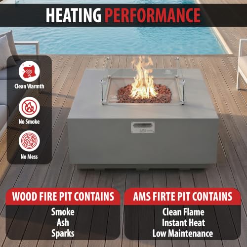 Image of AMS 48 inch Square Concrete GFRC Propane Gas Fire Pit Table Bundle (Light Gray)