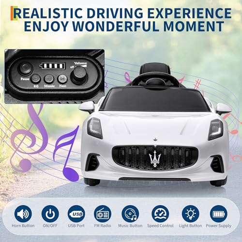 Garvee Ride On Car Licensed Maserati GranCabrio, 12V Powered Motorized Car for Children with Remote Control, Kids Ride On Toy Car with Spring Suspension, Bright Lights, 4 Wheel Electric Vehicle, White - Image 6
