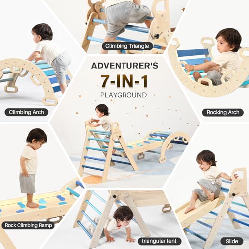 BlueWood Pikler Triangle Set 7in1 Foldable Baby Climbing Toys Wooden Montessori Climbing Set with Arch&Ramp&Ladder Baby Climber Indoor Jungle Gyms for Toddlers Montessori Toys - Sky Blue - Image 6