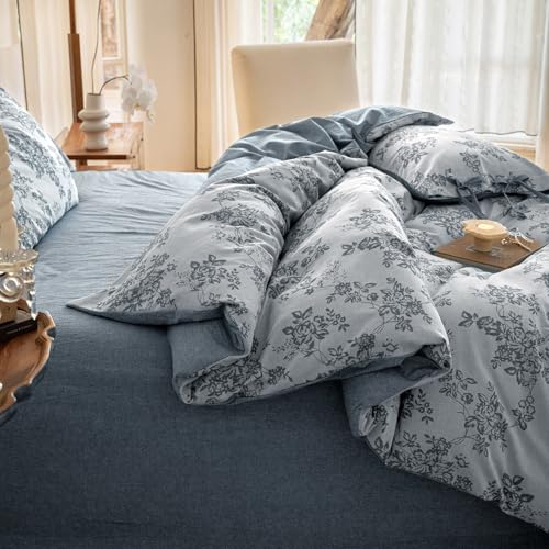 VM VOUGEMARKET Linen Duvet Cover Queen Monet Style Floral Duvet Cover Set,Jacquard Textured Comforter Cover 90"x90" with 2 Pillowcases,Navy Blue