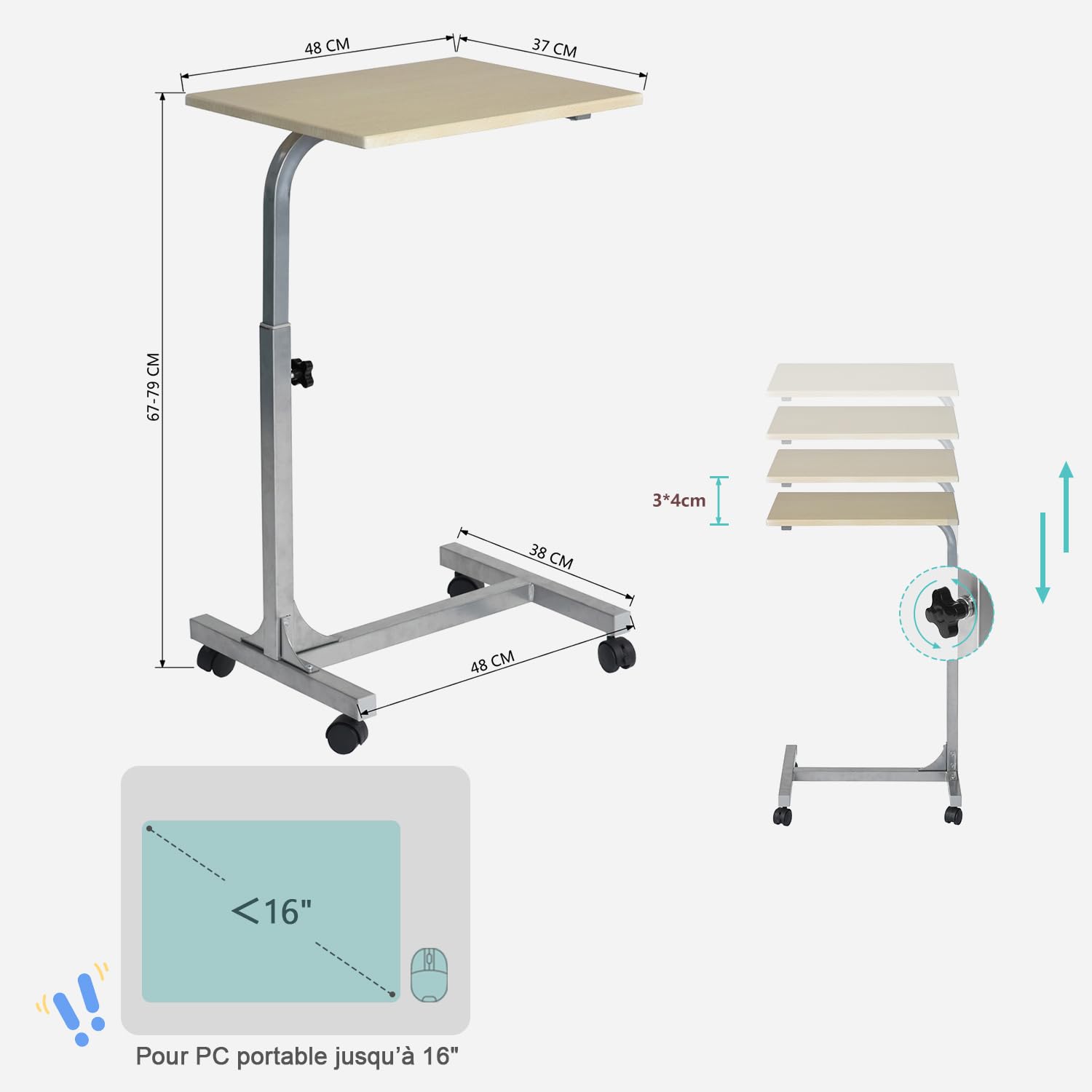 MEUBLE COSY Table de Lit pour Ordinateur Portable Hauteur Réglable Bout de canapé avec 4 roulettes Verrouillables Support PC pour Salon Bureau Chambre Bureau , Métal, Chêne, 48x37x79 cm