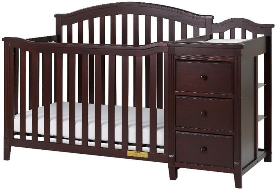 Pemberly Row Solid Wood 4-in-1 Convertible Crib & Changer, Espresso Finish, Includes Changing Pad, 3 Drawers & Shelves, Adjustable Mattress Support, Space-Saving Nursery Furniture for Baby Room