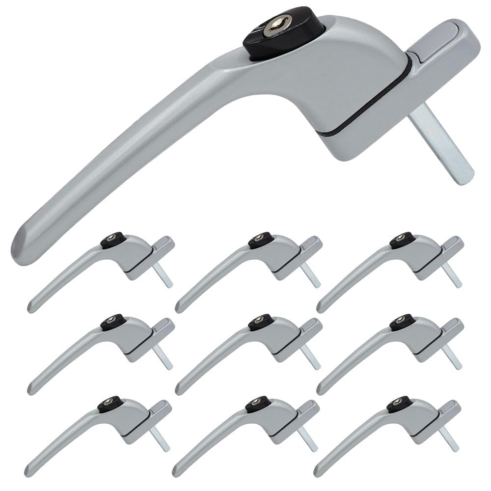 uPVC Universal Window Handle Inline Locking Espag Double Glazing Pack of 10 Matte Silver 30mm