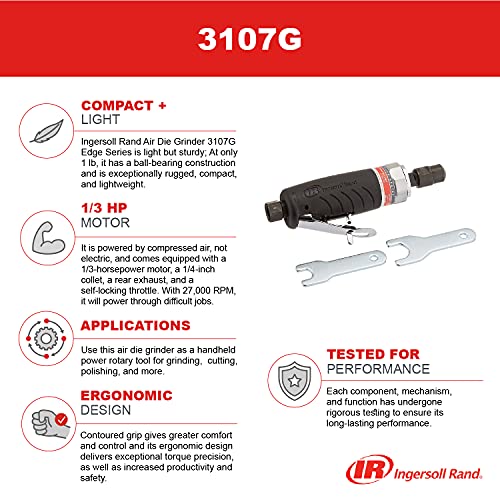Ingersoll Rand 3107G Air Die Grinder Edge Series – 1/4", Heavy Duty, Straight, Ergonomic Grip, Ball Bearing Construction, Lightweight Tool, Black #TOP2