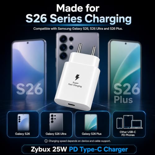 Image of Zybux 25Watt Super-Fast Power Adapter Compatible with Samsung Galaxy Z Fold 5 /S26 Plus /S25 /S24 /Ultra, Type C PD Wall Plug Charger for Mobile Phones, White Travel Friendly Safe Compact Charging Block