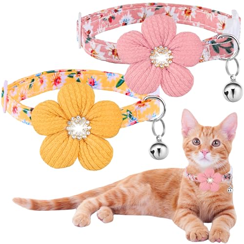 Collar para gato, collar de gatito HYQHYX Breakaway con flor, collar de gatito con campana, collar floral para mascotas con hebilla de seguridad para gatos y cachorros