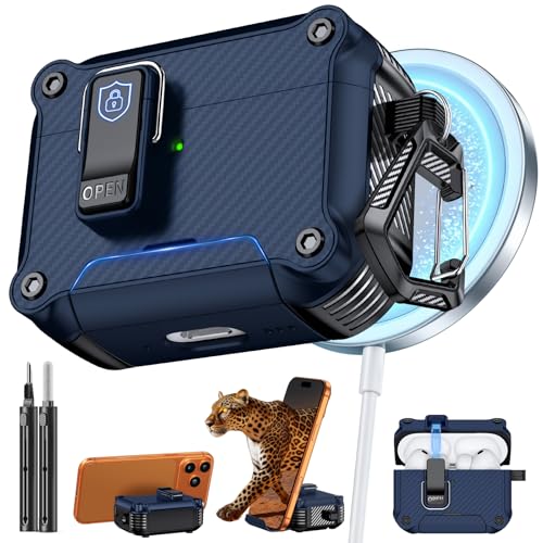 Image of Inesore for AirPods Pro 3 Case with Secure Lock (Dark Blue) | Phone Stand Design,Compatible with MagSafe,Automatic Snap Switch Secure Cover Carbon Fiber Texture with Cleaner Kit