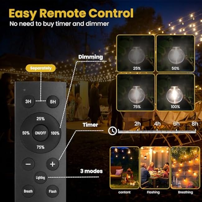 Solar String Lights G40 Solar Patio Hanging Lights 100FT Outdoor