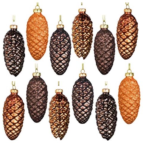 MornBee Christmas Baubles Pine Cones 12 pcs Glass Christmas Ball Christmas Tree Decoration Ornaments Christmas Hanging Pine cone Christmas Tree Decoration (Brown) Cover