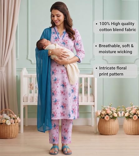 Image of DUMMY SHAPE Maternity Dresses for Women Cotton | Floral Kurta Pant Dupatta Set with Nursing Zippers, Side Pocket | Pre & Post Pregnancy | Feeding Kurti Suit | Baby Shower | Gifts for Pregnant Woman