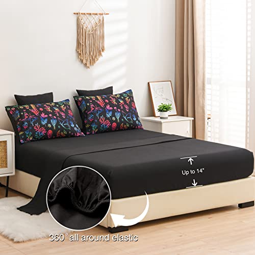 A Nice Night Bedding Set 7 Piece Comforter & Sheet Set,Plant Floral Butterfly Comforter Set-Soft Microfiber Bedding Sets For All Season, Black-Multi King Size #TOP2