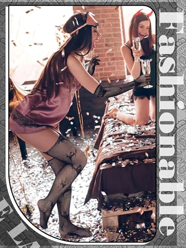 Image of Geyoga 2 Pcs Lace Fishnet Stockings Tights Floral Gloves Black Suspender Pantyhose Long Gloves for Women Halloween Cosplay