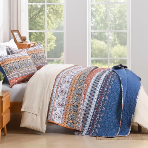 Image of Andency Blue Orange King Size Quilt Set, 3 Pieces Boho Striped Bedspread | Soft Lightweight Blue Orange Printed Bohemian Polyester Reversible Coverlet Comforter Sets for All Season (106 inchx96 inch)