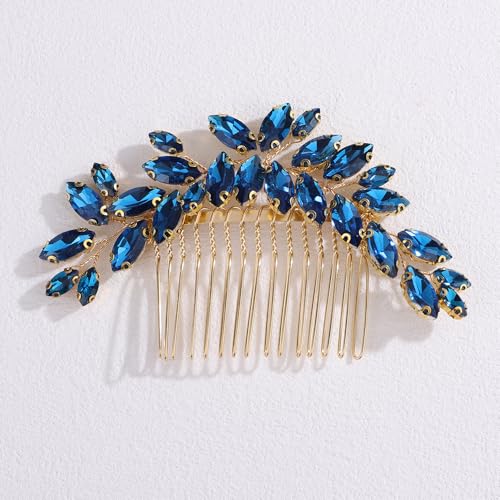 Image of Octwine Bride Wedding Silver Green Red Rhinestone Crystal Hair Comb Wedding Party Prom Hair Headpiece Bridal Wedding Hair Accessories for Women (Gold Peacock blue)