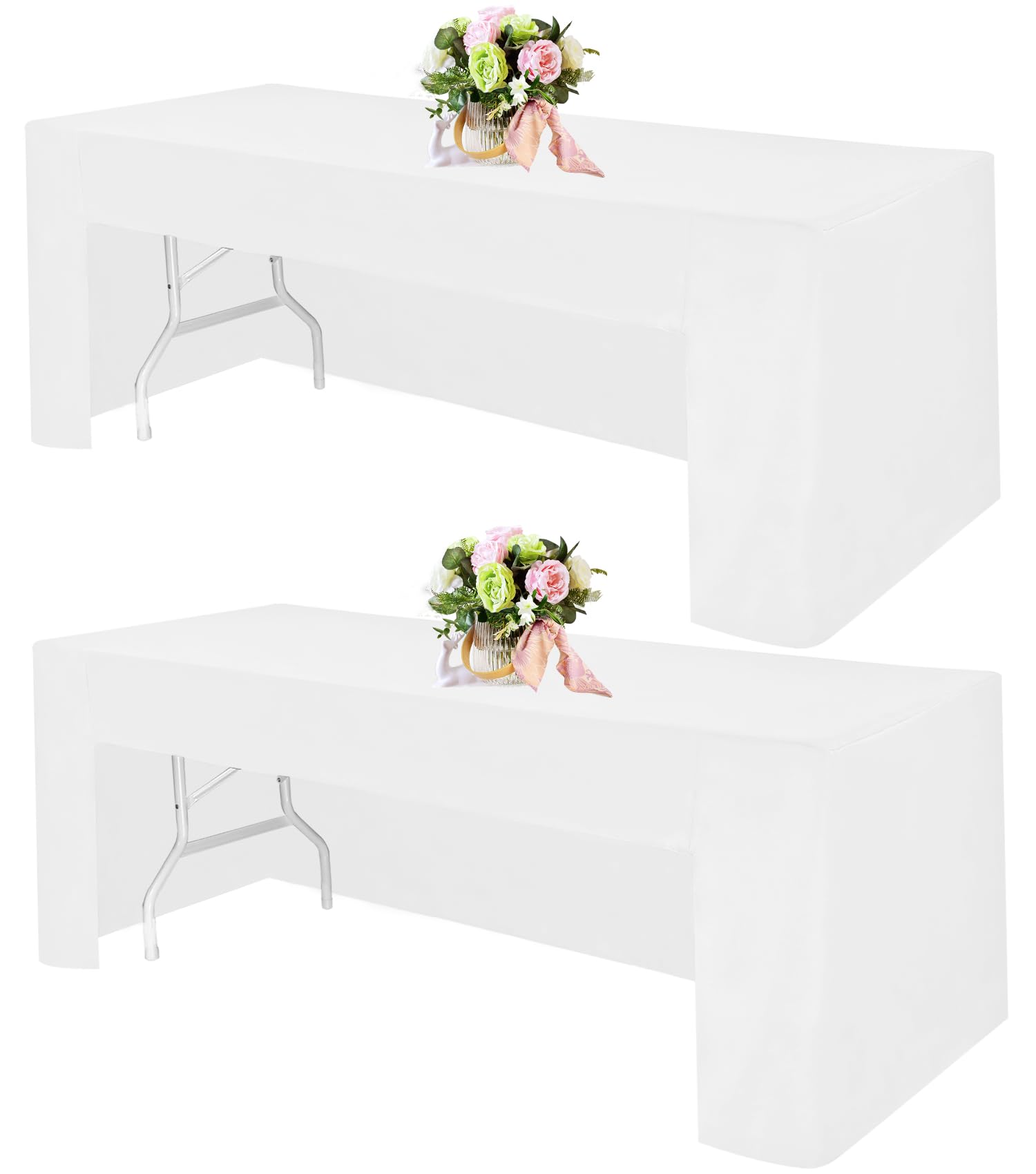 2 Pack Open Back Fitted Rectangle Tablecloths 96 x 30 Inch, White Table Clothes for 8 Foot Tables, Washable Thick Polyester Fitted Table Cover for Parties, Wedding, Banquet, Trade Show (White, 8FT)