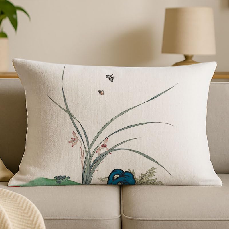 Chinese Orchid-Inspired Pillow Covers: Digitally Printed on Linen, Equipped with Invisible Zippers, (24 * 32inch,LHY-C)