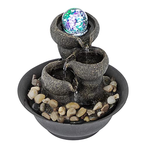 Ferrisland Tabletop Fountain Small Relaxation Waterfall Fountain Feature - 3-Step Modern Water Fountain with LED Ball for Office Desktop Deco Portable Fountain Indoor