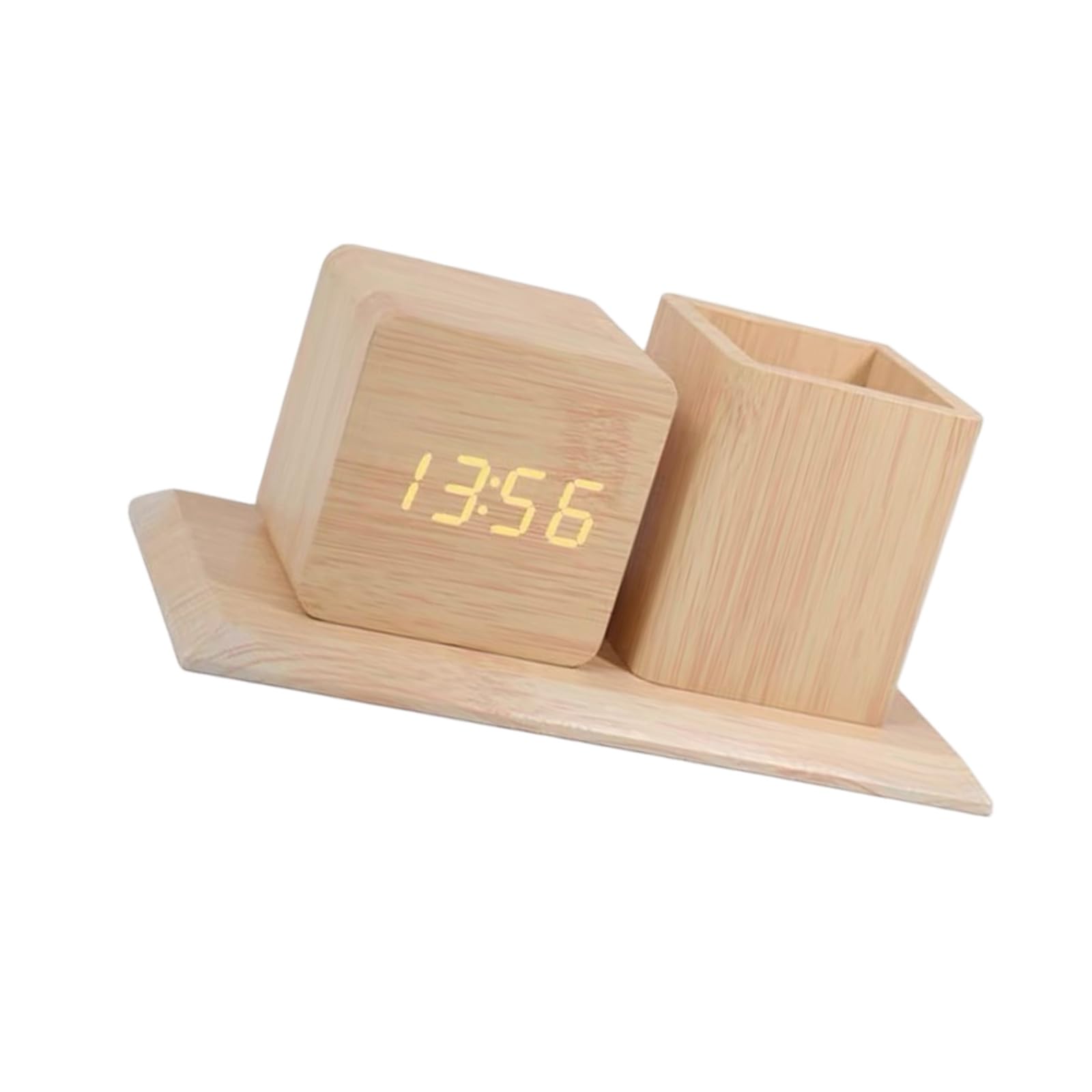 Hsyzygian Multifunctional Wood Desktop Clock with 3 Alarms Pen Storage Voice Activated Backlight and Temperature Reading Kids Room Alarm Clock
