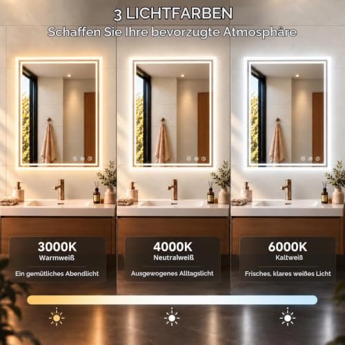 LUVODI LED Badspiegel mit Hintergrundbeleuchtung: 60x80 cm Badezimmerspiegel mit Licht Touch Schalter Beschlagfrei Dimmbar Bad… – Ansicht 3