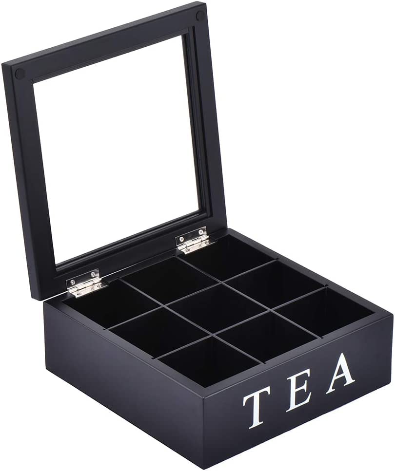 XIUWOOWooden Tea Box Tea Bag Holder Kitchen Storage Chest Box for Spice Pouches and Sugar Packets with 8 Compartments and Glass Window Weathered