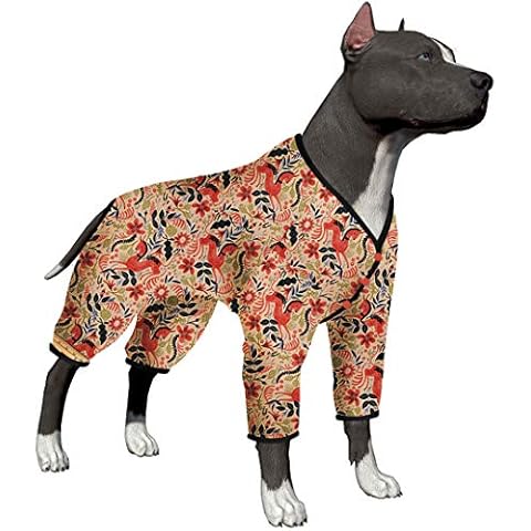 LovinPet Pitbull Pajamas/Lightweight Pullover Pajamas/Full Coverage Dog Pjs/Dog Onesie Jumpsuit/Happy Folk Horse Coral Prints/Lightweight Snap Button Large Puppy Pajamas/Full Coverage Dog Pjs Cover