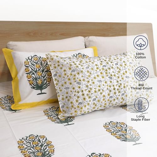 Image of TOAIArt Hand Block Printed Bedsheet | Long Staple Premium Cotton | Double Bed Sizes | Queen Size 90 inchX108 inch | 300 TC | Includes 2 Large Pillow Covers 18 inch X 28 inch (Yellow Marigold Bush on White)