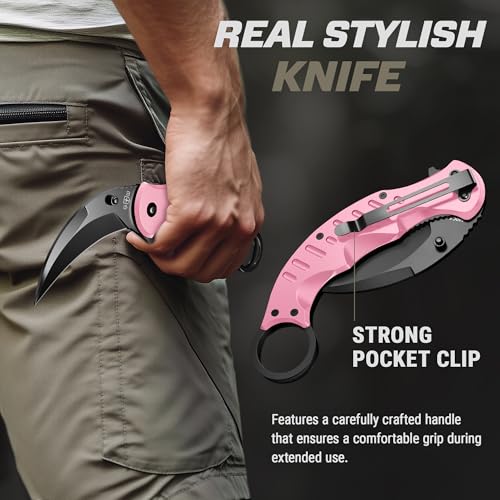 Image of GOOD WORKER Pink Karambit Folding Knife - SharpTiger Claw Blade with Liner Lock and Aluminum Handle - Best Pocket Knives for Military Hunting Camping EDC for Men - Gifts for Women X-42 P