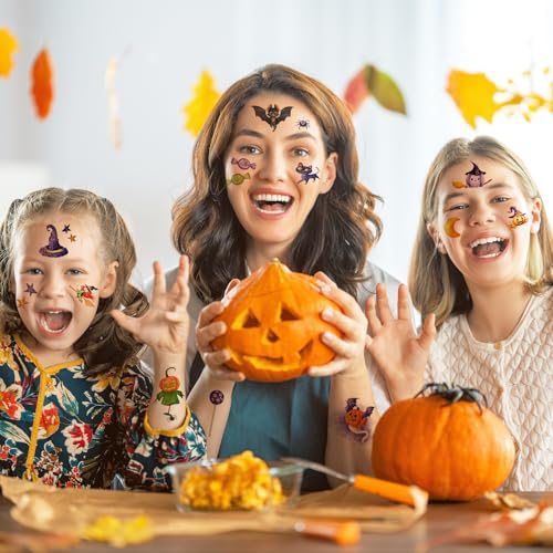 Image of XIYOKA 12 Sheets 160+ PCS Halloween Fake Glitter Tattoos, Halloween Glitter Face Temporary Tattoos, Halloween Party Favors Supplies