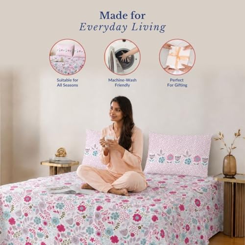 Image of Jaipur Weaves Cotton King Size Bedsheet 108x108 Super King, 100% Pure Cotton Bed Sheet with 2 Pillow Covers, 240 TC Soft Breathable Floral Design Bedding - (Pink Harmony, Super King)