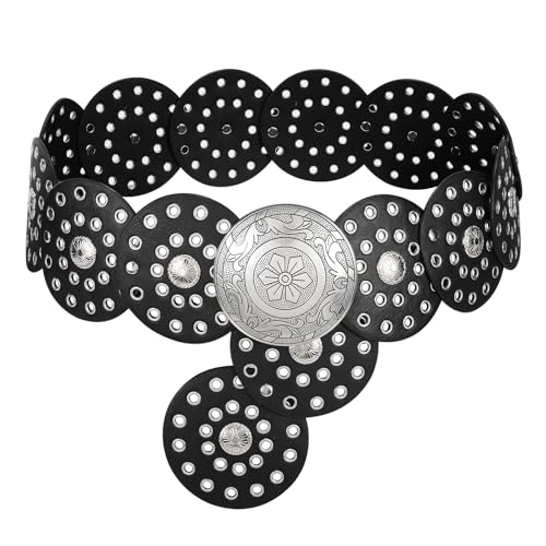 Image of WERFORU Women Wide Western Disc Belt Cowgirl Boho Leather Belt for Jeans Dress