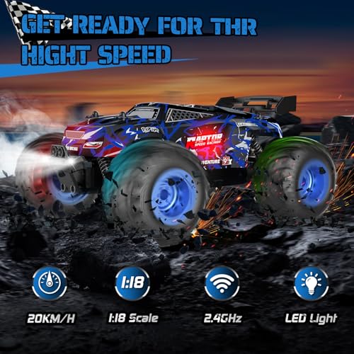 Remote Control Car, 1:18, All-Terrain Remote Control Truck with Headlight and Bodylight, 2WD, 20KM/H, PVC Shell, 2.4GHz, Rechargeable, Sturdy, Two Speed Control, Rc Cars for Kids, Beginner - Image 3