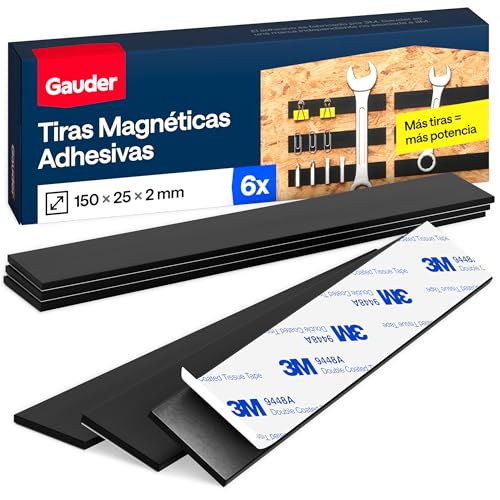 GAUDER Cinta magnética adhesiva - Potentes tiras magnéticas para objetos metálicos - Cintas magnéticas precortadas con adhesivo (6 piezas - 15 cm x 2 mm x 2 mm)