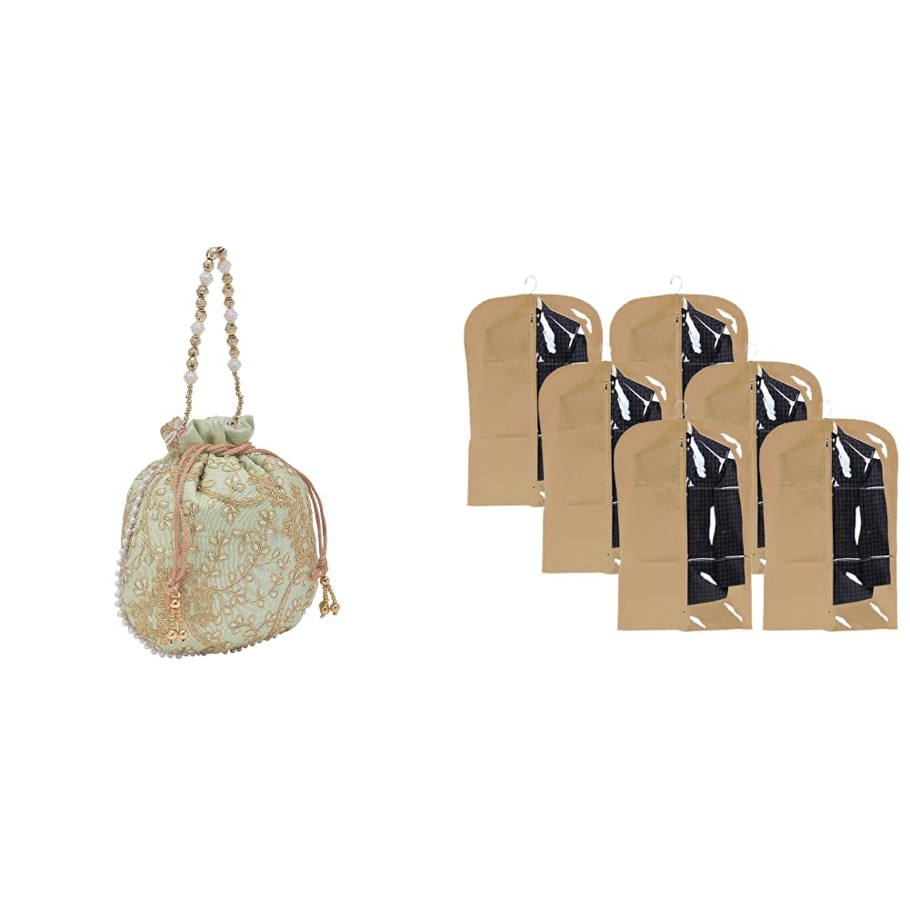 kuber industries Potli Bags for Ladies & Girls | Women Shagun Pouches for Festive Seasons | Batwa Bag + Half Transparent 6 Pieces Non Woven Men's Coat Blazer Cover (Brown) - CTKTC30921-picture-39
