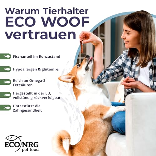 ECO WOOF Fisch Hundesnack Mix - Kaustreifen vom Wels Probierpaket - 375 g - 3 Sorten - Wels Pur | Kürbiskern | Bierhefe - Getreidefreie Fisch-Hundeleckerli - Unterstützt Zahnpflege & Verdauung