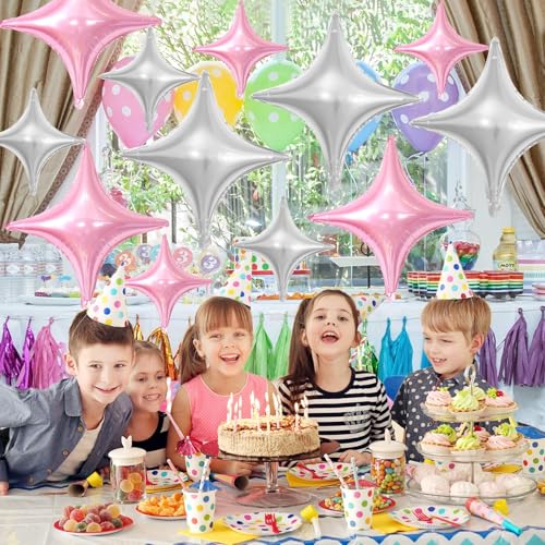 Image of Pink Silver Star Balloons,12Pcs Four Angle Star Foil Balloons,26Inch and 10Inch Pink Silver Quadrangle Helium Balloon for Birthday Anniversary Baby Shower Wedding Party Decorations