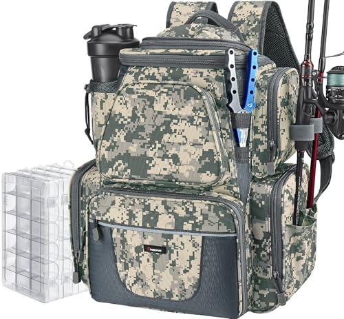 Piscifun Fishing Backpack with 2 Rod Holders & 4 Tackle Boxes, Large Tackle Storage Bag With Rain Cover for Fishing Gear, Digital Camouflage