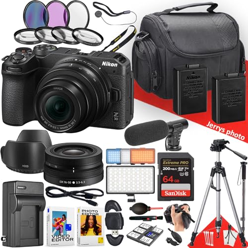 Nikon Z30 Mirrorless Camera with NIKKOR Z DX 16-50mm F/3.5-6.3 VR Lens + Microphone + LED Light + 64GB Memory + Monopod + Filters + Tripod + More (33pc Bundle) (Renewed)