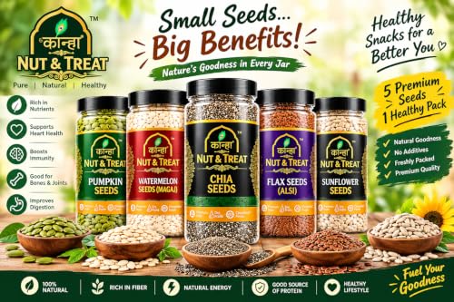 Image of KANHA NUT & TREAT 5-in-1 Super Seeds Combo 925g | Chia, Flax, Pumpkin, Sunflower 200g & Watermelon Seeds 125g | Natural Seed Mix | Source of Protein, Fiber & Omega-3 | Perfect for Snacking, Breakfast, Salads & Smoothies