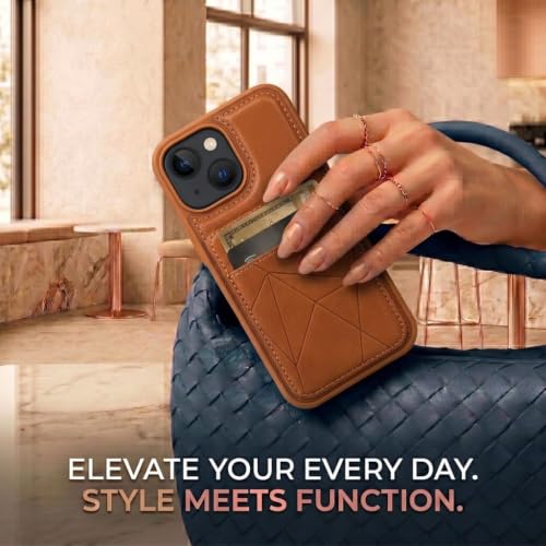 Image of amazon basics Premium Vegan Leather Back Cover with Card Holder and Integrated Mobile Stand for iPhone 13 - Slim Shockproof Wallet Case with Geometric Stitching [Tan]