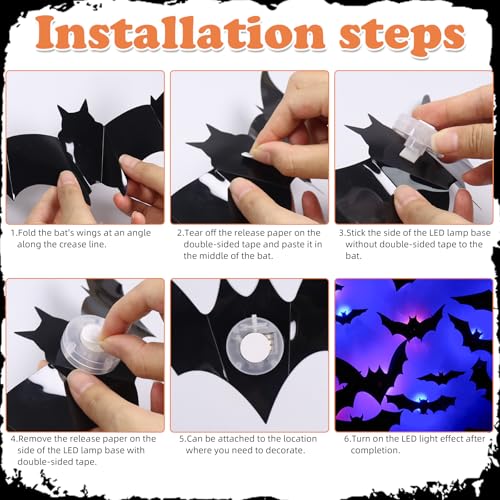 KIKVTER Dekoracja na Halloween, 24 sztuki nietoperza LED, dekoracja na Halloween, nietoperze 3D, "zrób to sam", naklejki ścienne do dekoracji okna, sypialni, na zewnątrz, dekoracja na imprezę